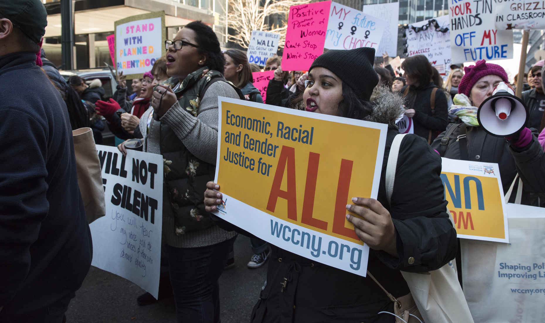 WCC supporters and activists protest in the 2017 Women's March.